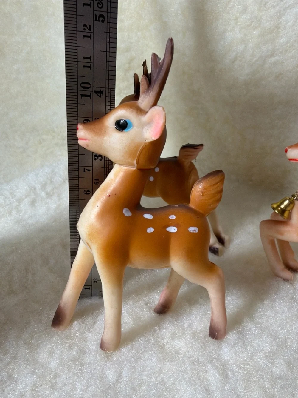 Set of 3 Vintage Soft Rubber  Reindeer  Figurines in Brown with Gold Bells